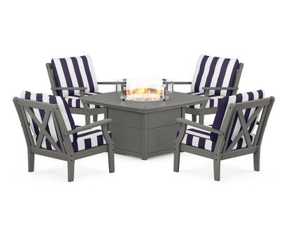 POLYWOOD® Braxton 5-Piece Deep Seating Conversation Set with Fire Pit Table in Slate Grey / Cabana Stripe Navy