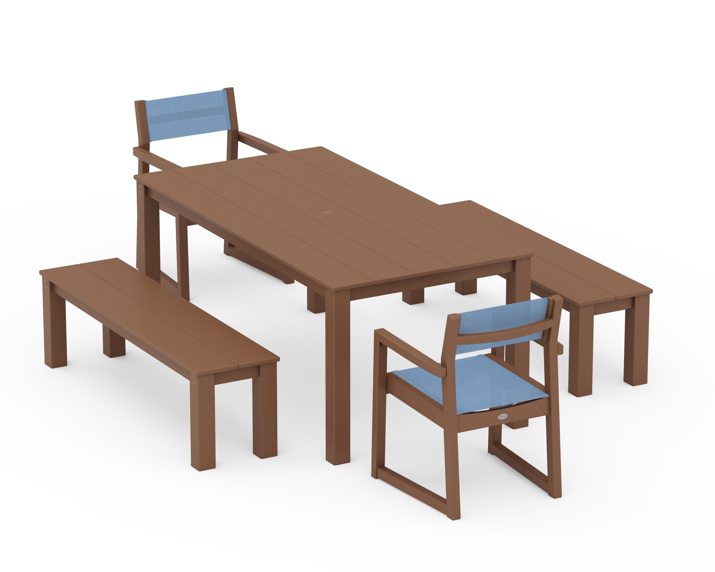 POLYWOOD® EDGE Sling Arm Chair 5-Piece Parsons Dining Set with Benches in Teak / Poolside Sling