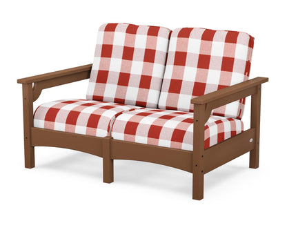 POLYWOOD® Club Loveseat in Teak / Buffalo Plaid Crimson