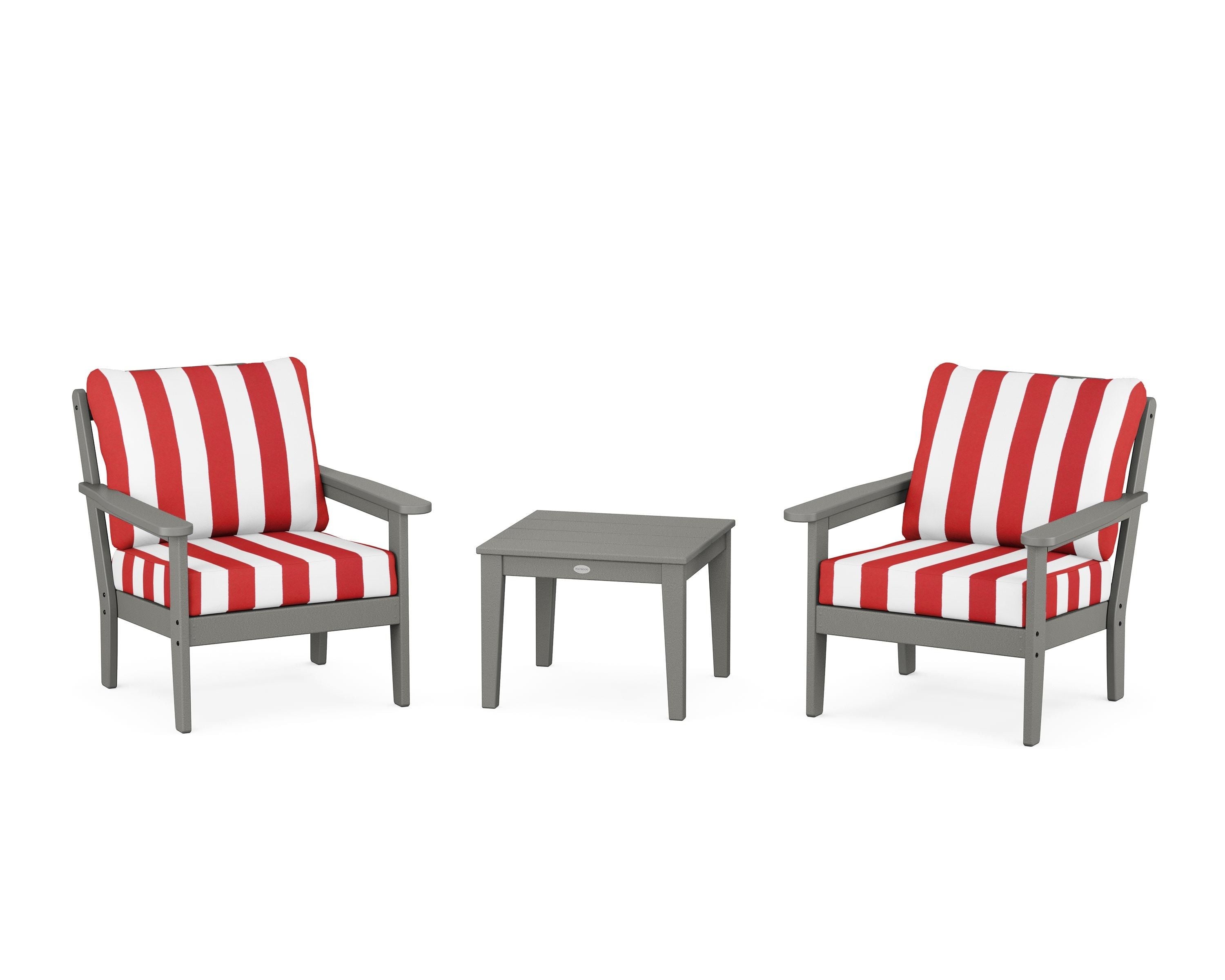 Country Living Cottage 3-Piece Deep Seating Set in Slate Grey / Cabana Stripe Crimson
