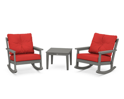 POLYWOOD® Vineyard 3-Piece Deep Seating Rocker Set in Slate Grey / Crimson Linen