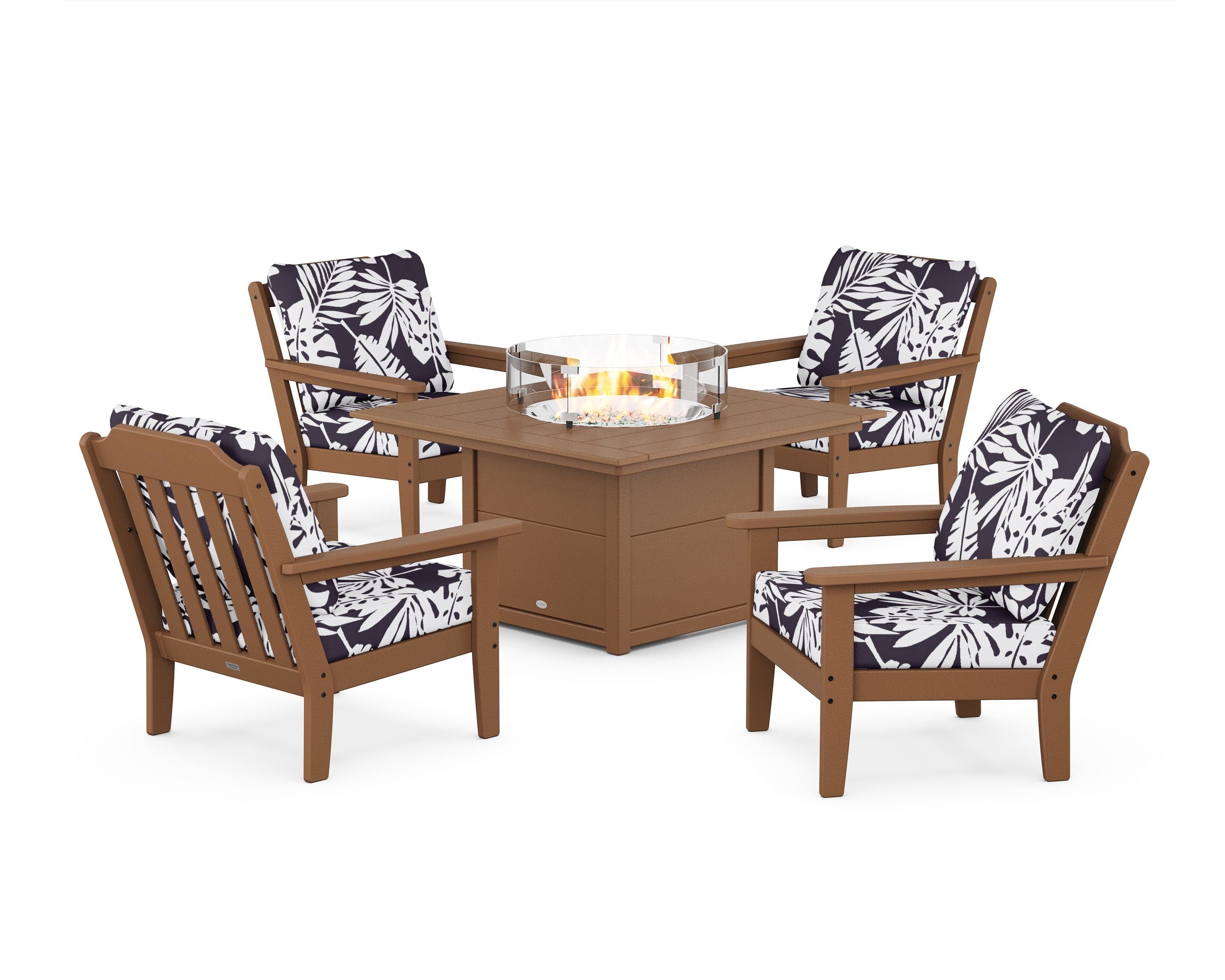 Country Living Cottage 5-Piece Deep Seating Set with Fire Pit Table in Teak / Leaf Navy