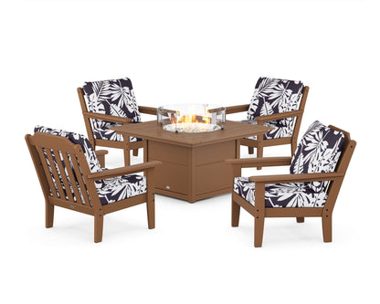 Country Living Cottage 5-Piece Deep Seating Set with Fire Pit Table in Teak / Leaf Navy