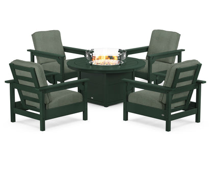 POLYWOOD® Club 5-Piece Conversation Set with Fire Pit Table in Green / Cast Sage