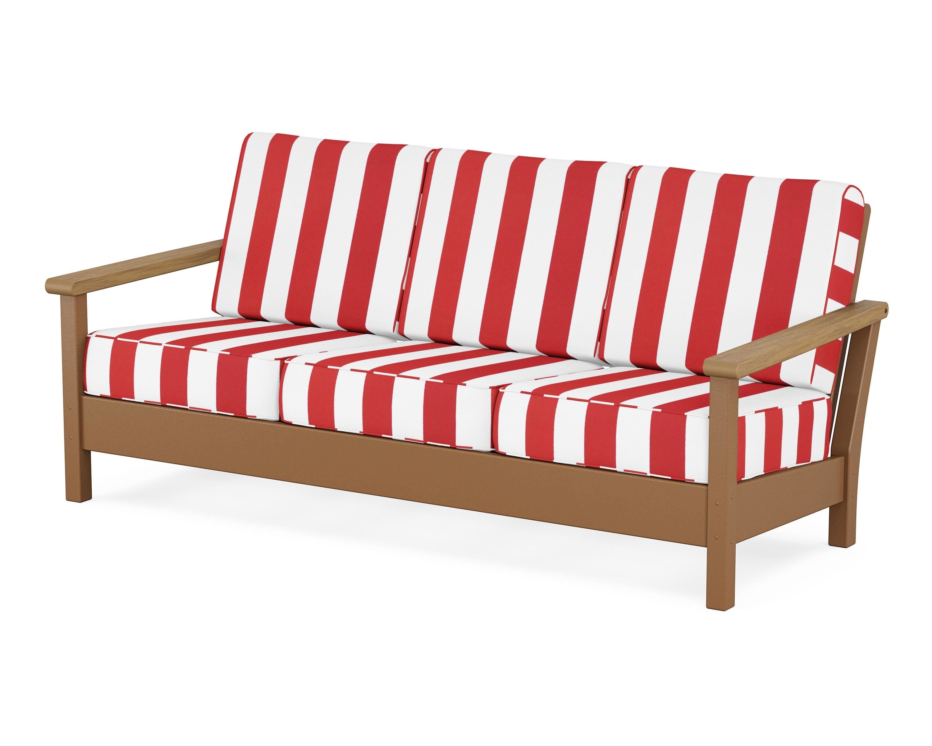 POLYWOOD® Harbour Deep Seating Sofa in Teak / Natural / Cabana Stripe Crimson
