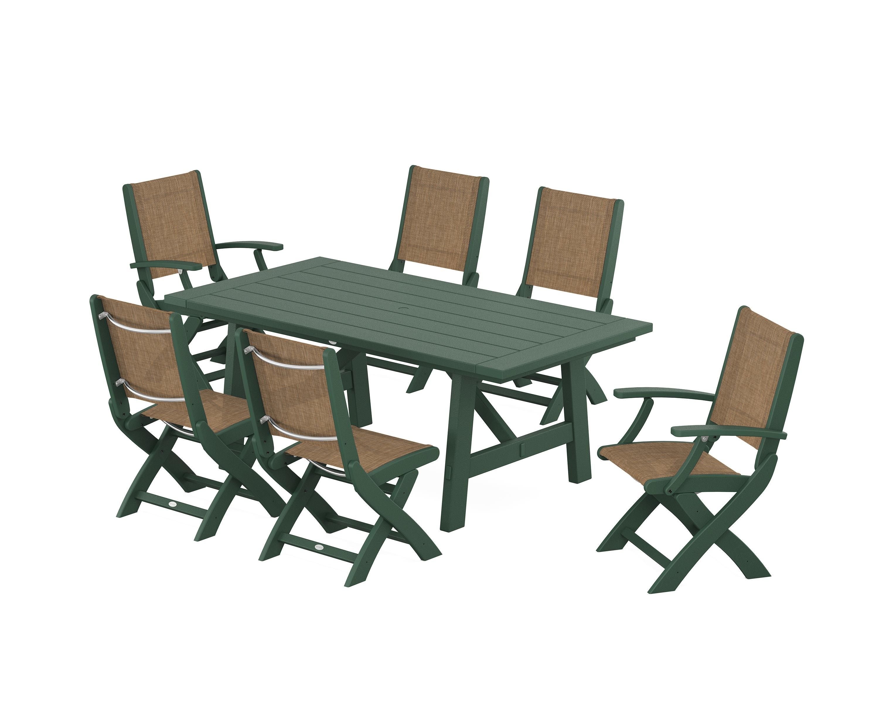 POLYWOOD® Coastal Folding Chair 7-Piece Rustic Farmhouse Dining Set in Green / Burlap Sling