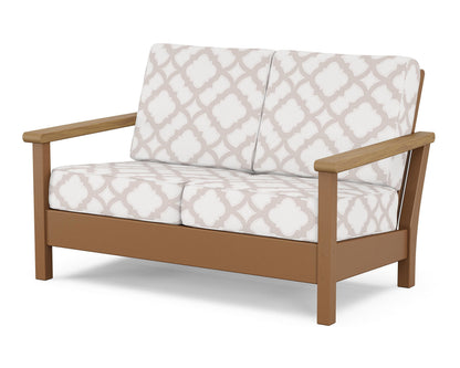 POLYWOOD® Harbour Deep Seating Loveseat in Teak / Natural / Trellis Dune Burlap