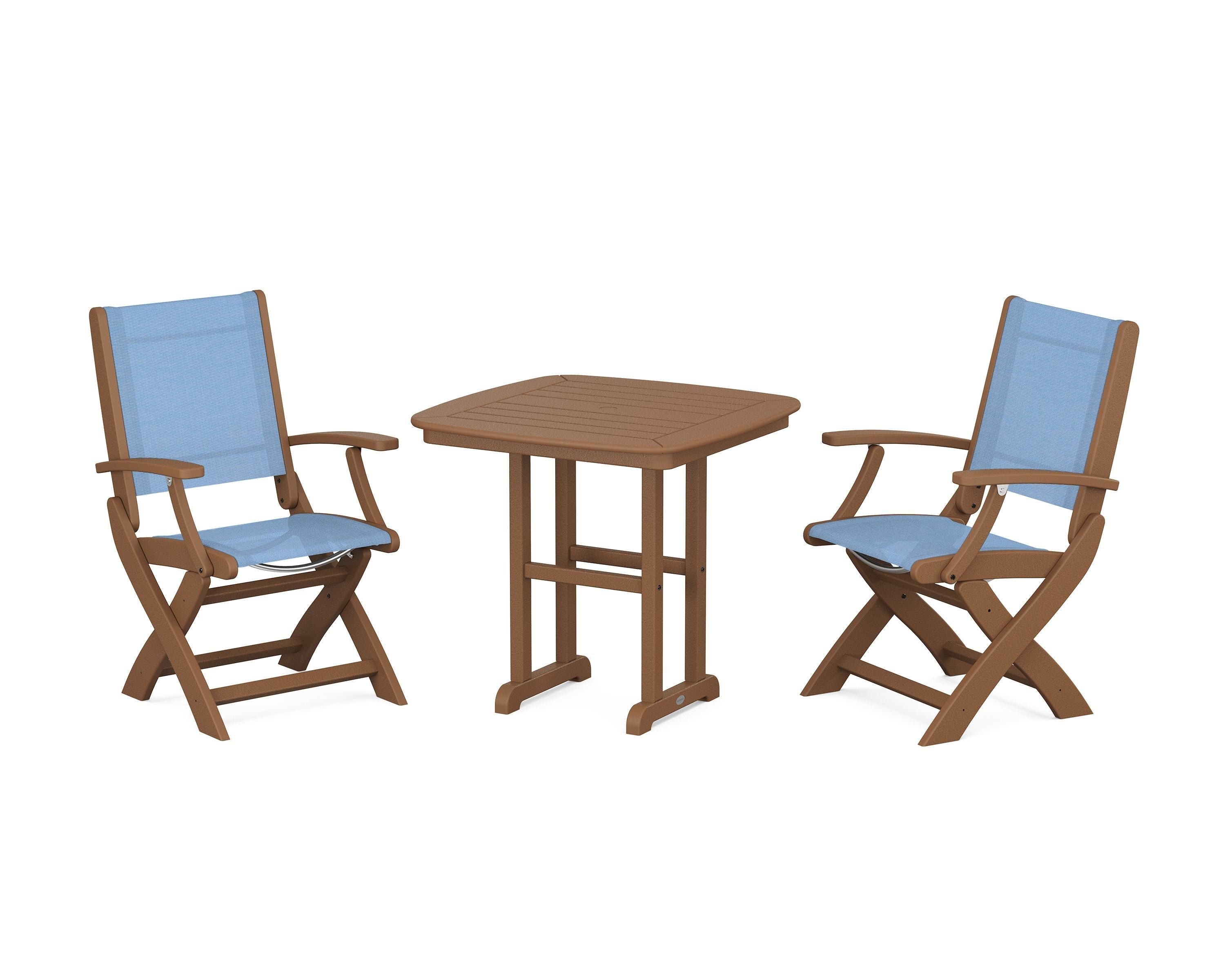 POLYWOOD® Coastal Folding Chair 3-Piece Dining Set in Teak / Poolside Sling