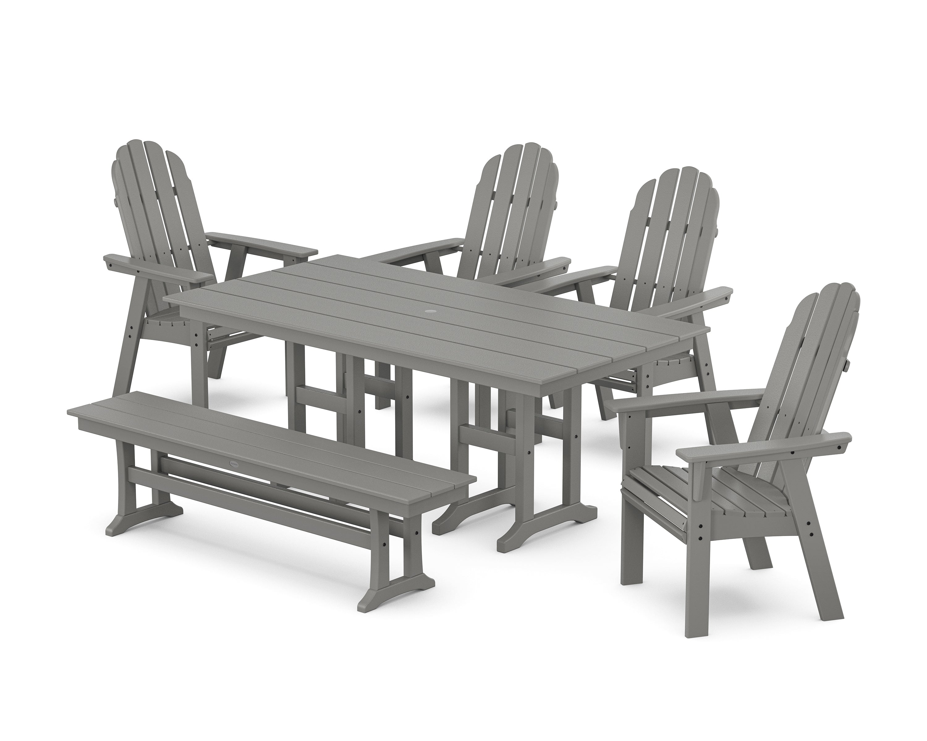 POLYWOOD® Vineyard Curveback Adirondack Chair 6-Piece Farmhouse Dining Set with Bench in Slate Grey