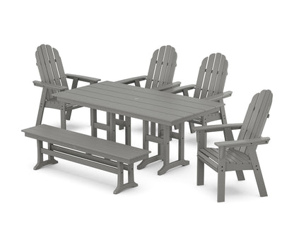 POLYWOOD® Vineyard Curveback Adirondack Chair 6-Piece Farmhouse Dining Set with Bench in Slate Grey