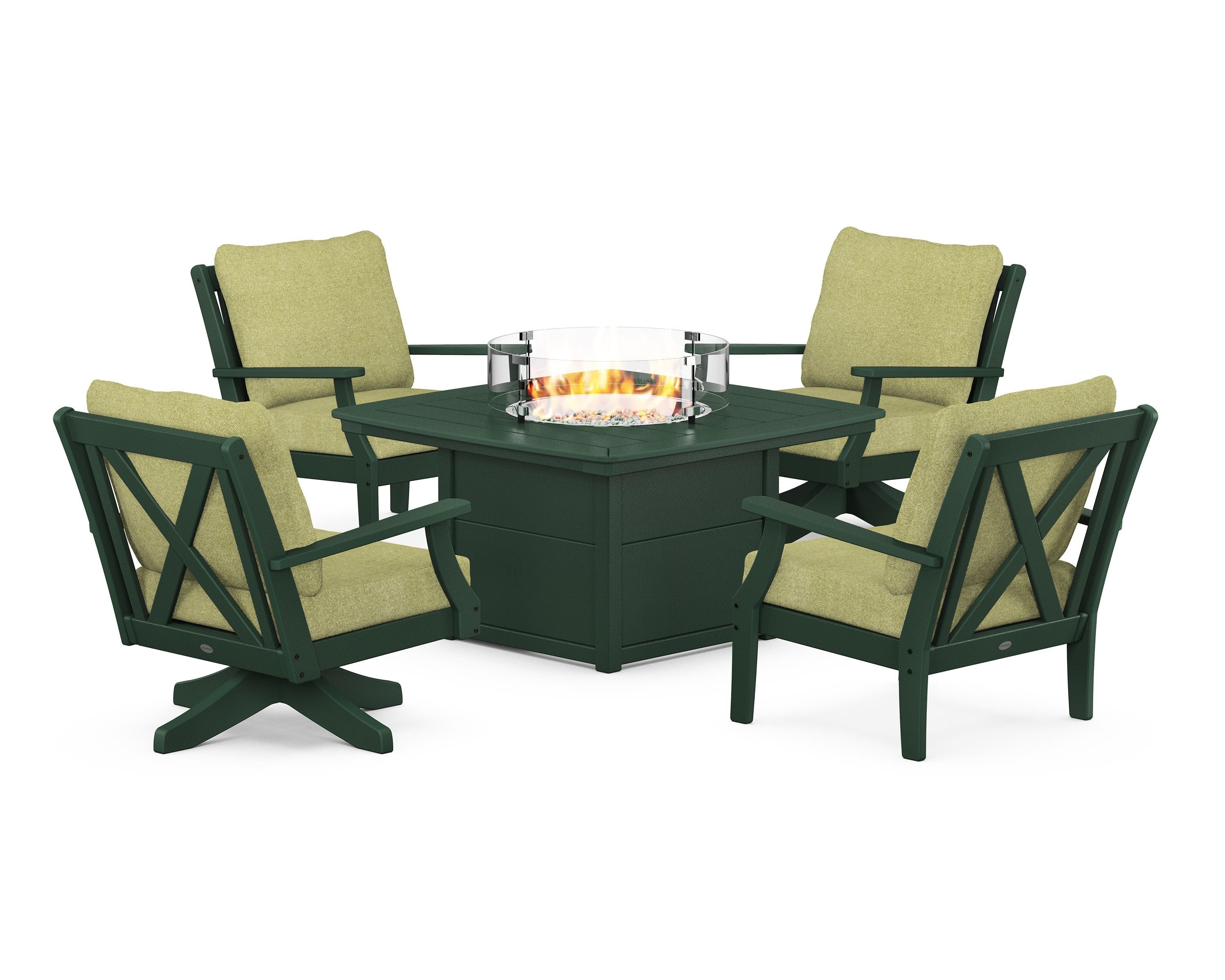 POLYWOOD® Braxton 5-Piece Deep Seating Set with Fire Table in Green / Chartreuse Boucle