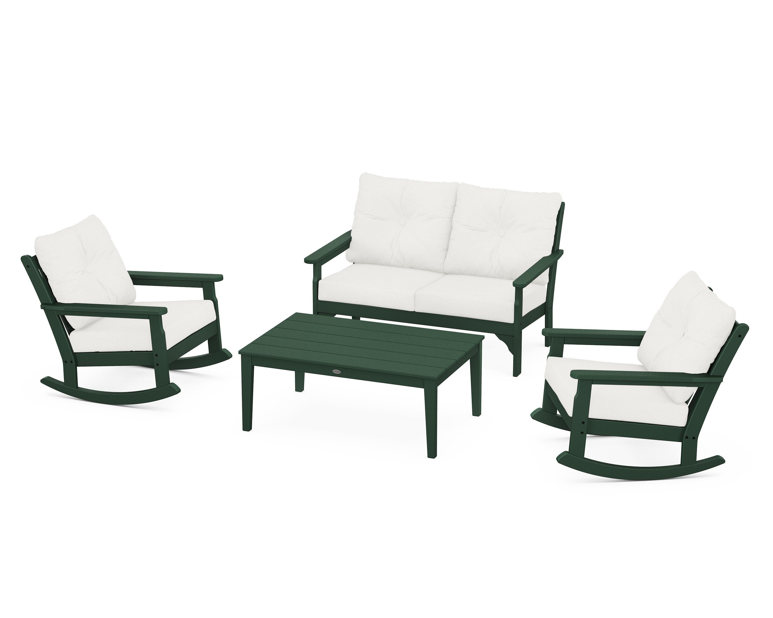 POLYWOOD® Vineyard 4-Piece Deep Seating Rocking Chair Set in Green / Natural Linen