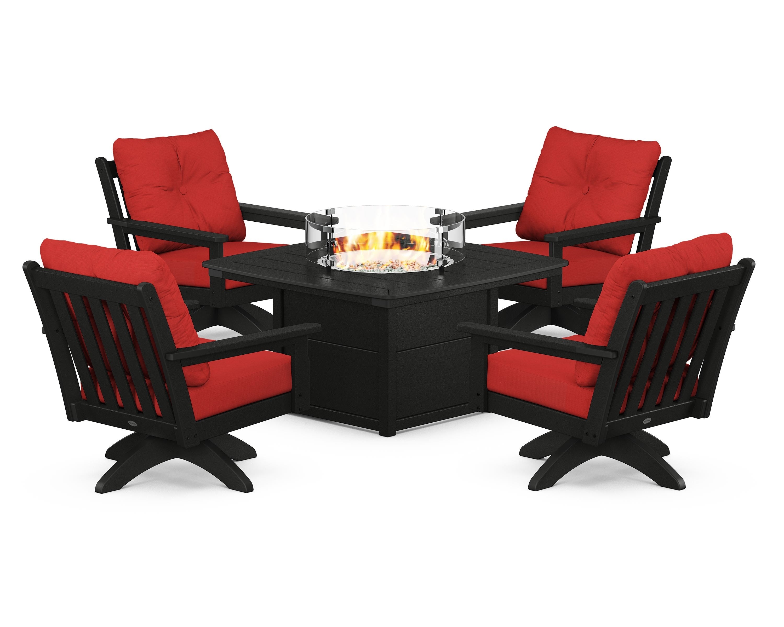 POLYWOOD® Vineyard 5-Piece Deep Seating Swivel Conversation Set with Fire Pit Table in Black / Crimson Linen