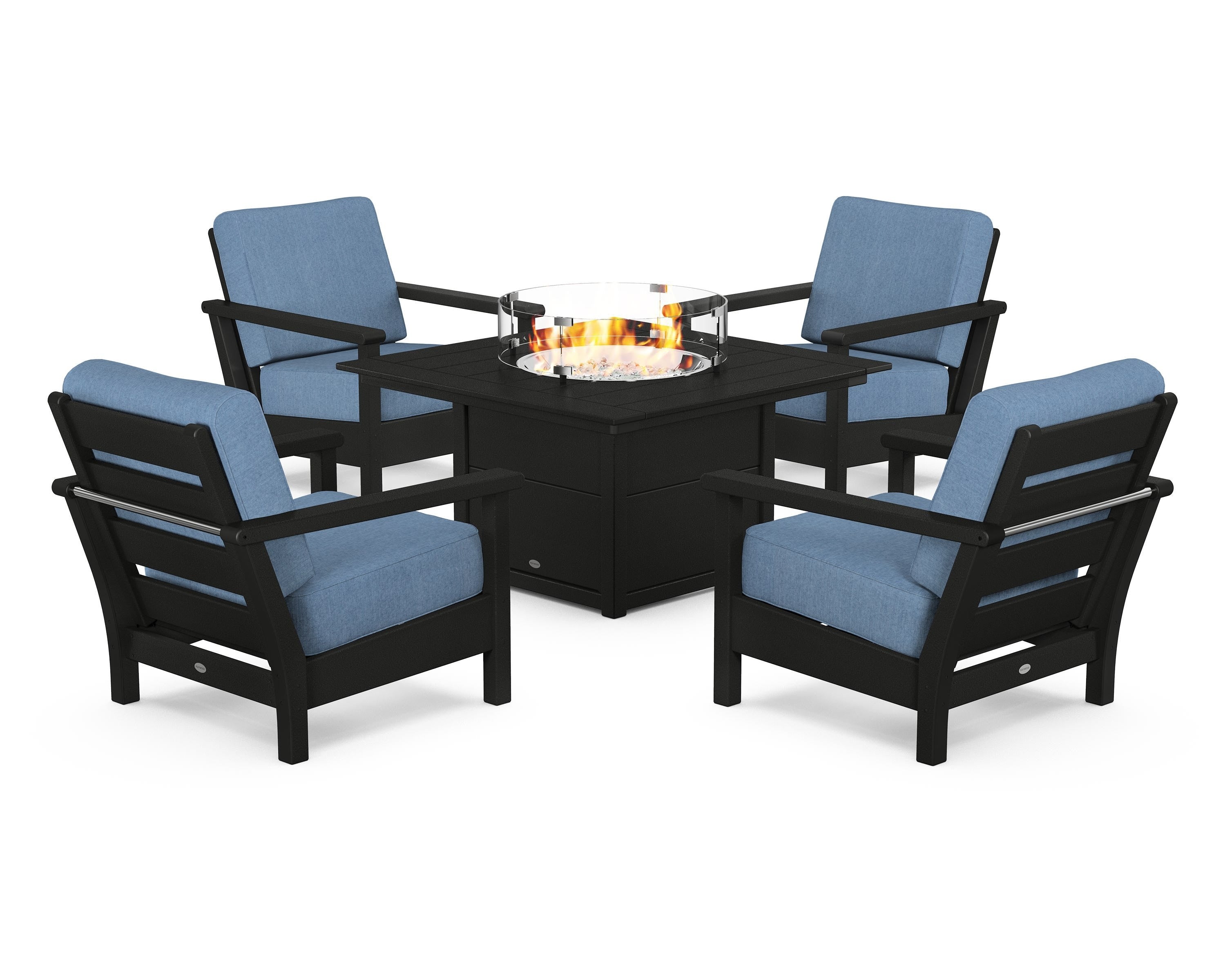 POLYWOOD® Harbour 5-Piece Conversation Set with Fire Pit Table in Black / Sky Blue