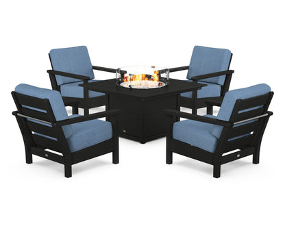 POLYWOOD® Harbour 5-Piece Conversation Set with Fire Pit Table in Black / Sky Blue