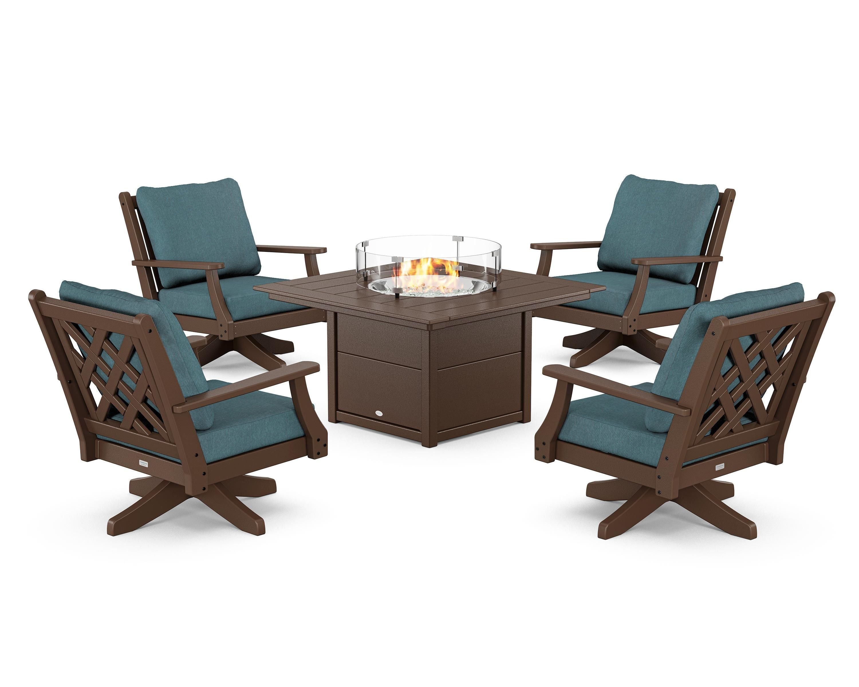 Country Living Wovendale 5-Piece Deep Seating Swivel Conversation Set with Fire Pit Table in Mahogany / Ocean Teal