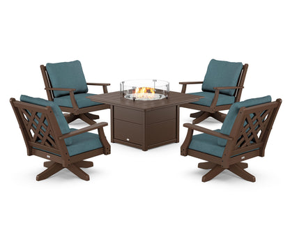 Country Living Wovendale 5-Piece Deep Seating Swivel Conversation Set with Fire Pit Table in Mahogany / Ocean Teal