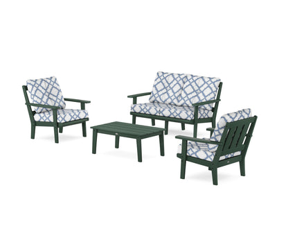 POLYWOOD® Oxford 4-Piece Deep Seating Set with Loveseat in Green / Trellis Sky Blue