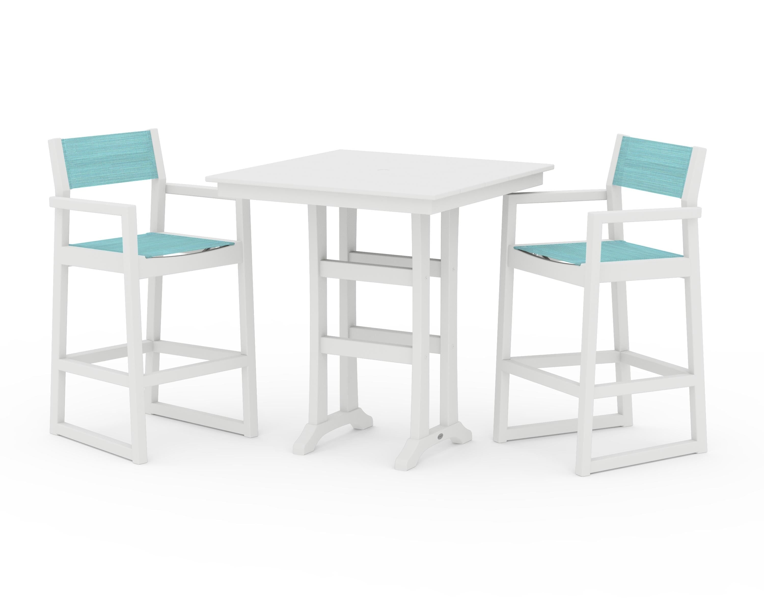 POLYWOOD® EDGE Sling Arm Chair 3-Piece Farmhouse Bar Set with Trestle Legs in White / Dupioni Aquamarine Sling