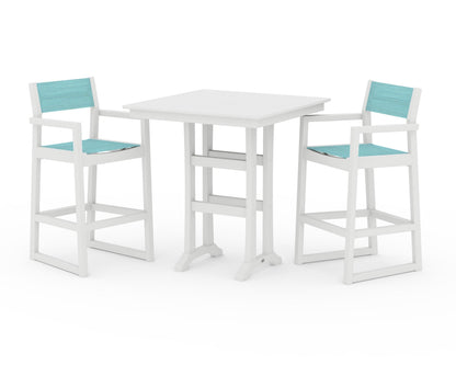 POLYWOOD® EDGE Sling Arm Chair 3-Piece Farmhouse Bar Set with Trestle Legs in White / Dupioni Aquamarine Sling