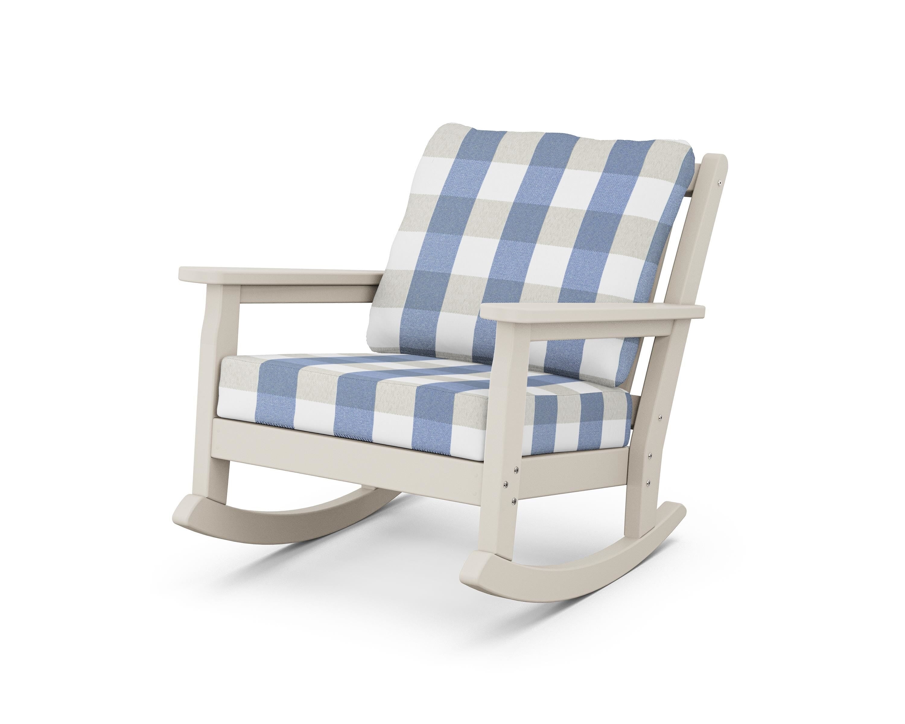 POLYWOOD® Chippendale Deep Seating Rocking Chair in Sand / Buffalo Plaid Sky Blue