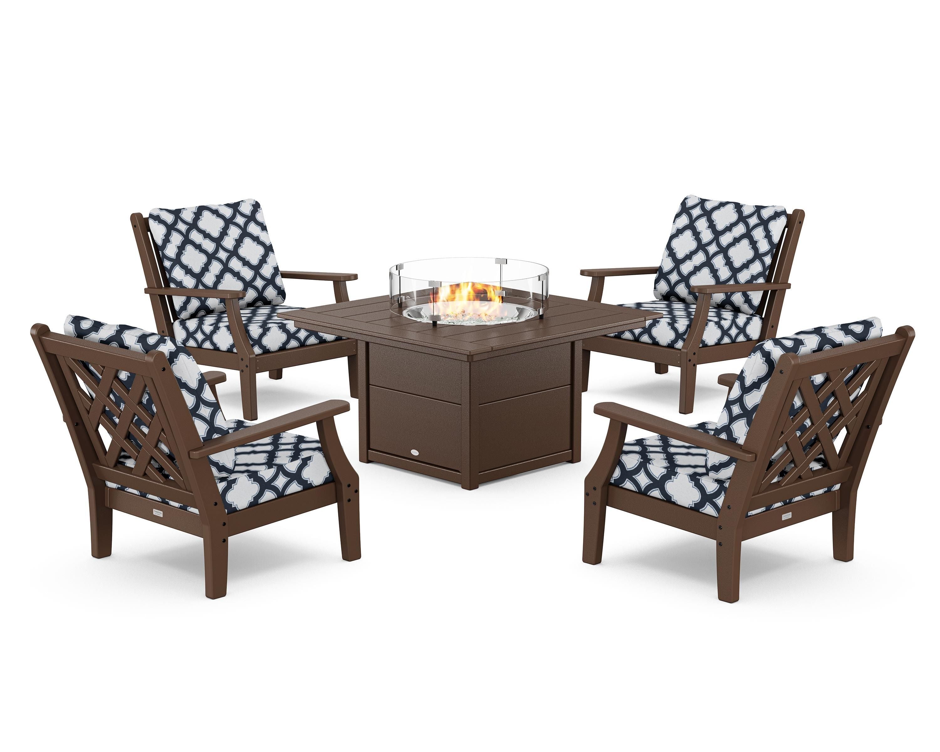 Country Living Wovendale 5-Piece Deep Seating Set with Fire Pit Table in Mahogany / Trellis Marine Indigo