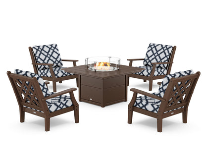 Country Living Wovendale 5-Piece Deep Seating Set with Fire Pit Table in Mahogany / Trellis Marine Indigo