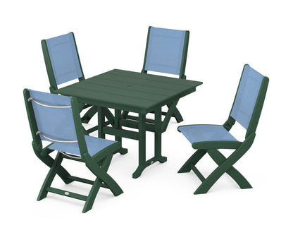 POLYWOOD® Coastal Folding Side Chair 5-Piece Farmhouse Dining Set in Green / Poolside Sling