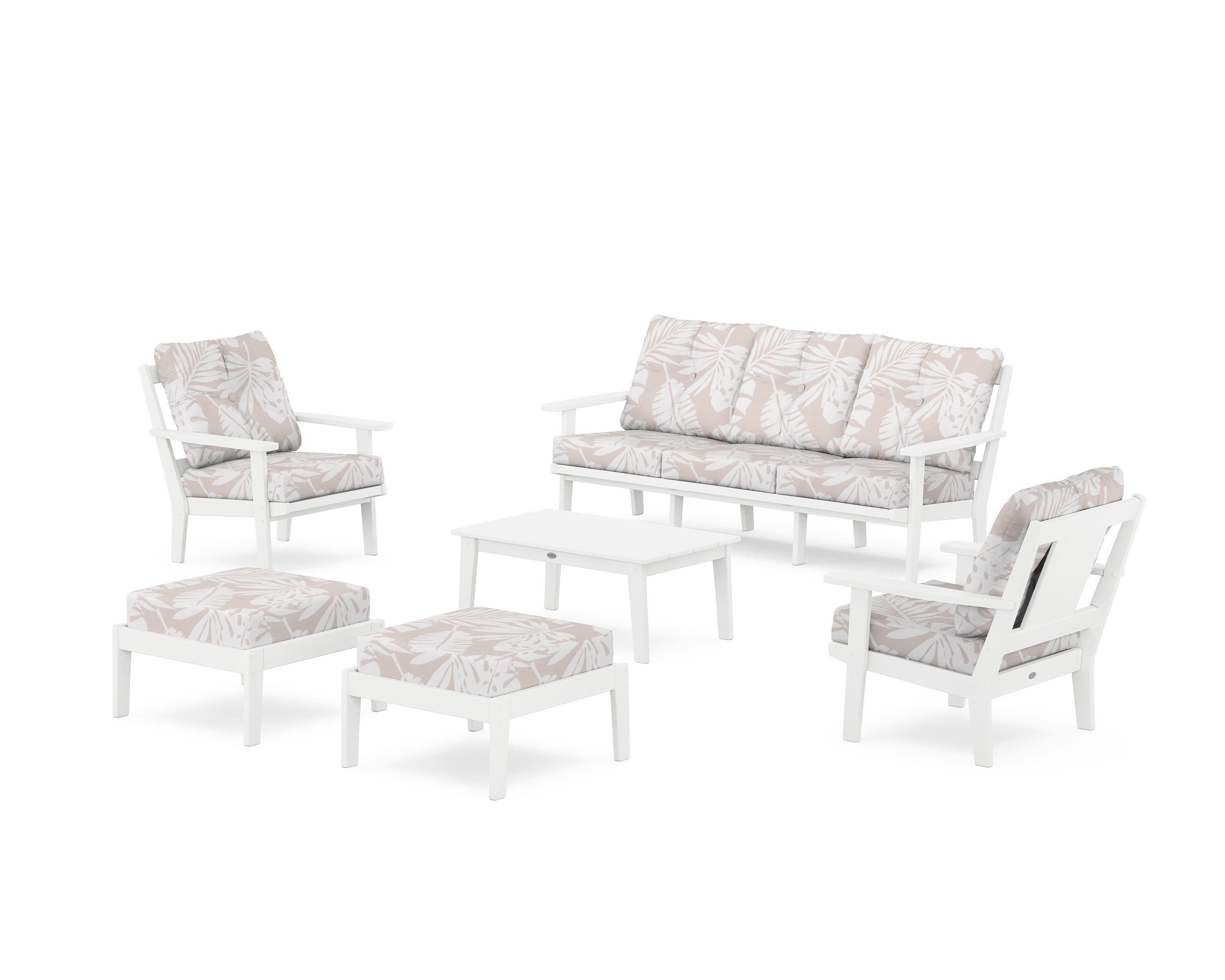 POLYWOOD® Prairie 6-Piece Lounge Sofa Set in White / Leaf Dune Burlap