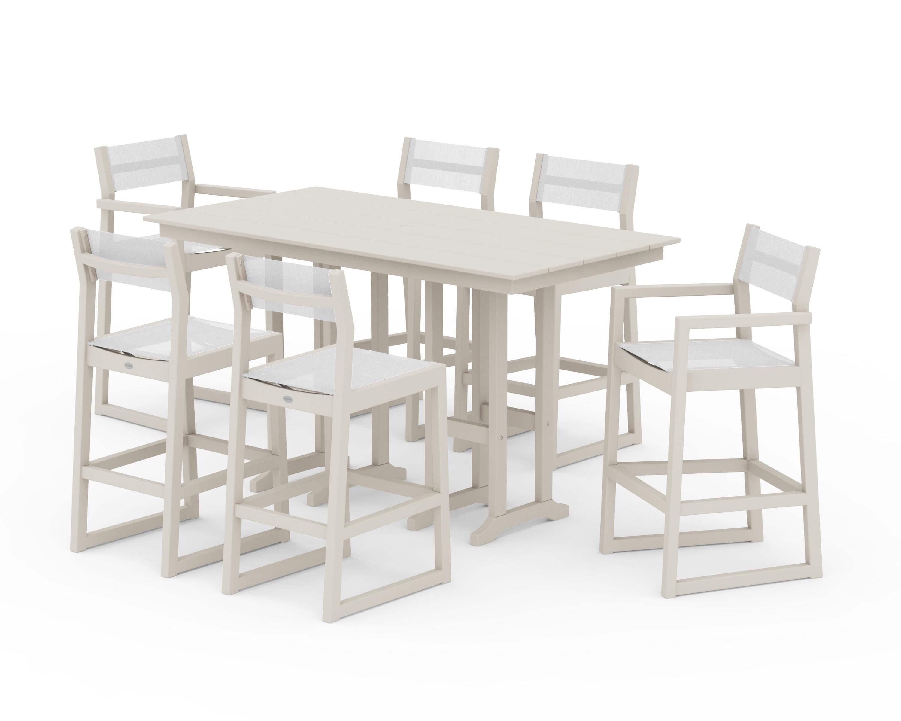 POLYWOOD® EDGE Sling 7-Piece Farmhouse Bar Set in Sand / White Sling