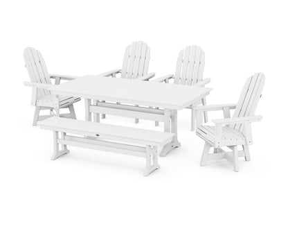 POLYWOOD® Vineyard Curveback Adirondack 6-Piece Swivel Chair Farmhouse Dining Set with Trestle Legs and Bench in White