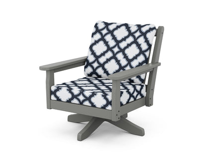 POLYWOOD® Chippendale Deep Seating Swivel Chair in Slate Grey / Trellis Marine Indigo