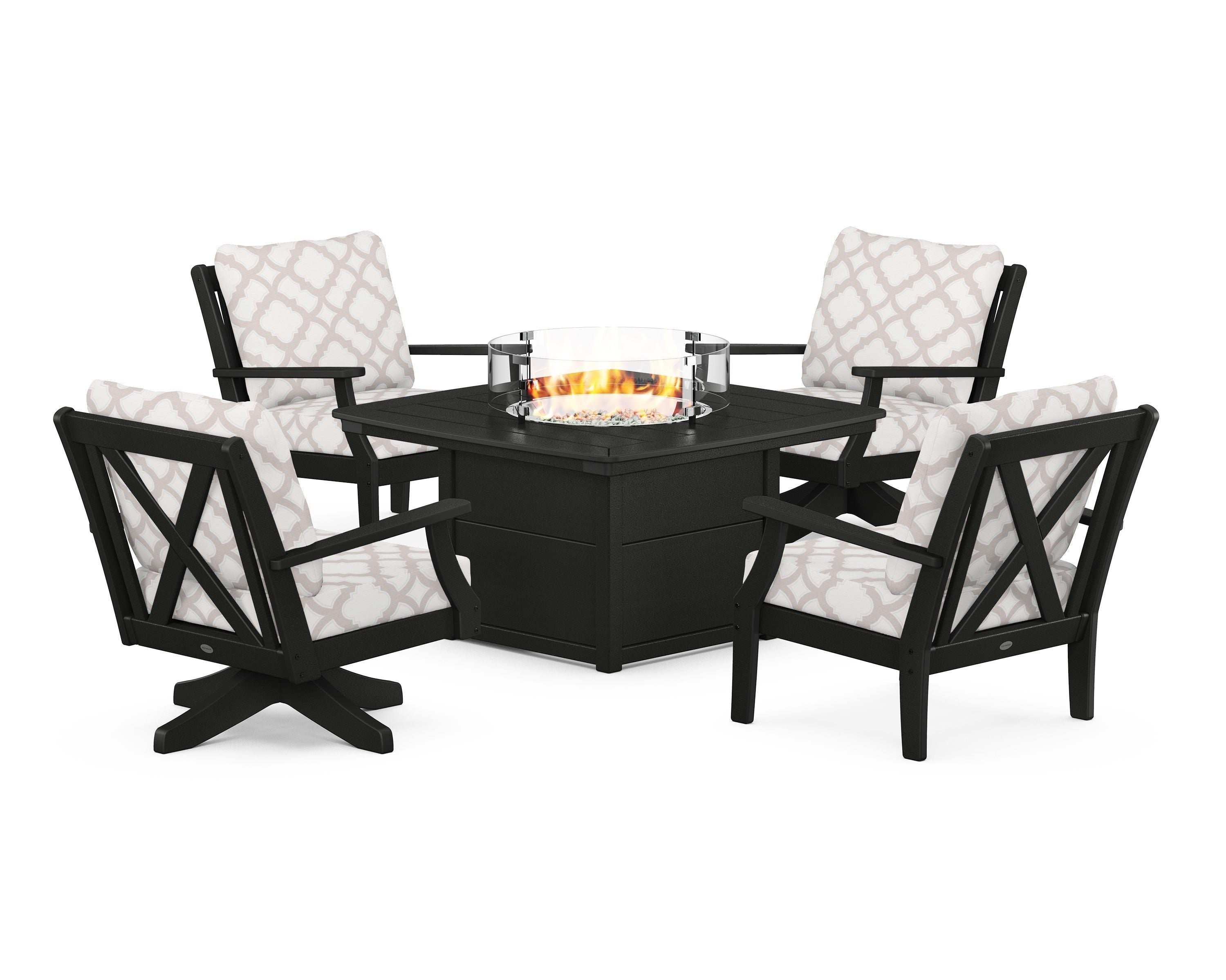 POLYWOOD® Braxton 5-Piece Deep Seating Set with Fire Table in Black / Trellis Dune Burlap