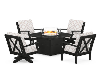 POLYWOOD® Braxton 5-Piece Deep Seating Set with Fire Table in Black / Trellis Dune Burlap