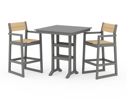 POLYWOOD® EDGE Sling Arm Chair 3-Piece Farmhouse Bar Set with Trestle Legs in Slate Grey / Dupioni Apricot Sling