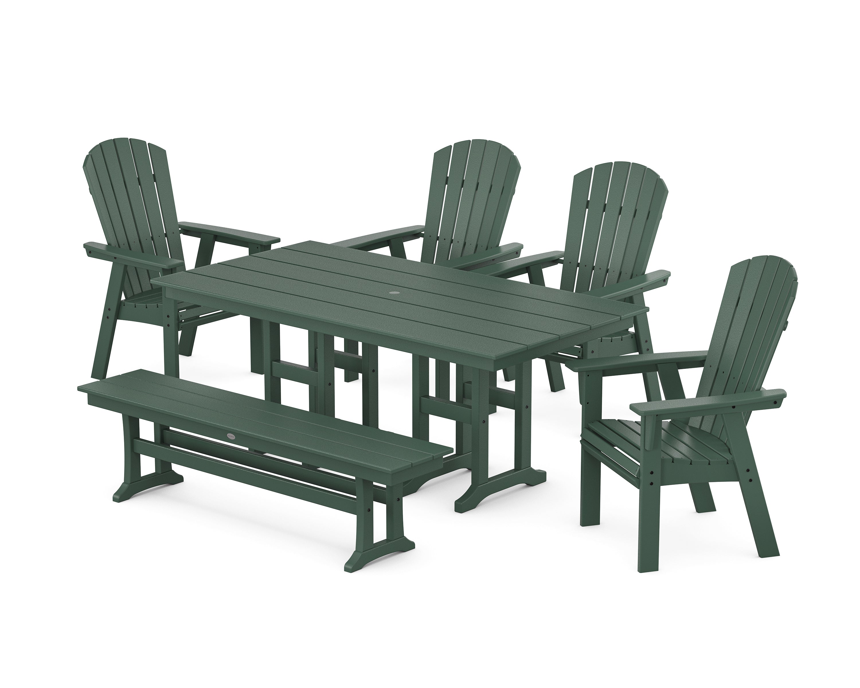 POLYWOOD® Nautical Curveback Adirondack 6-Piece Farmhouse Dining Set with Bench in Green