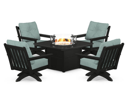 POLYWOOD® Vineyard 5-Piece Deep Seating Swivel Conversation Set with Fire Pit Table in Black / Glacier Spa