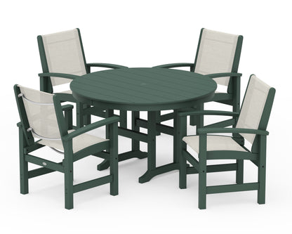 POLYWOOD® Coastal 5-Piece Round Farmhouse Dining Set in Green / Parchment Sling