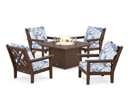 POLYWOOD® Chippendale 5-Piece Deep Seating Set with Fire Pit Table in Mahogany / Leaf Sky Blue