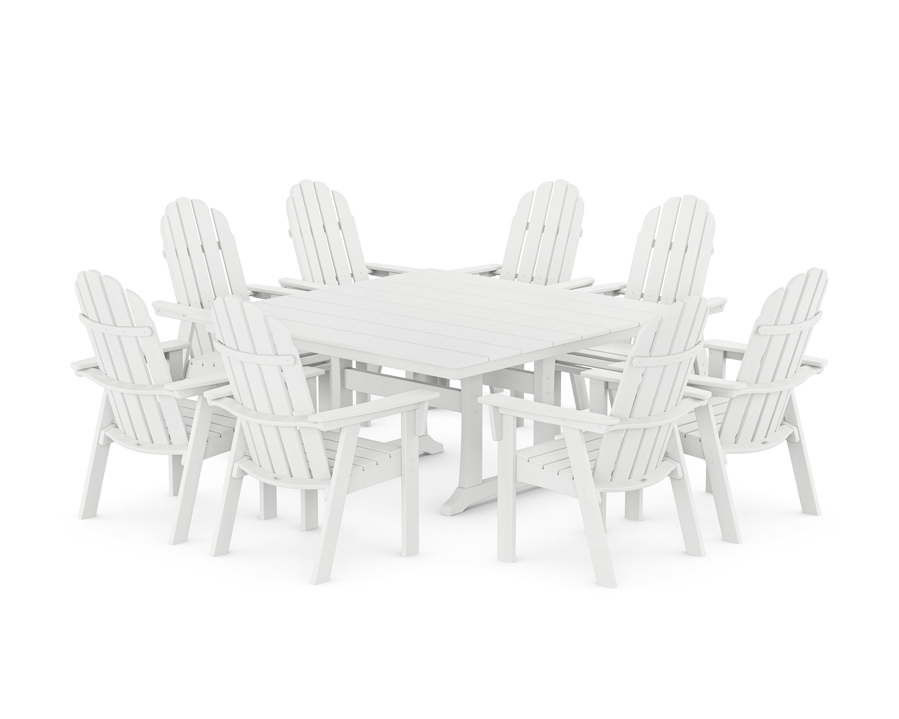 POLYWOOD® Vineyard Curveback Adirondack 9-Piece Square Farmhouse Dining Set with Trestle Legs in White