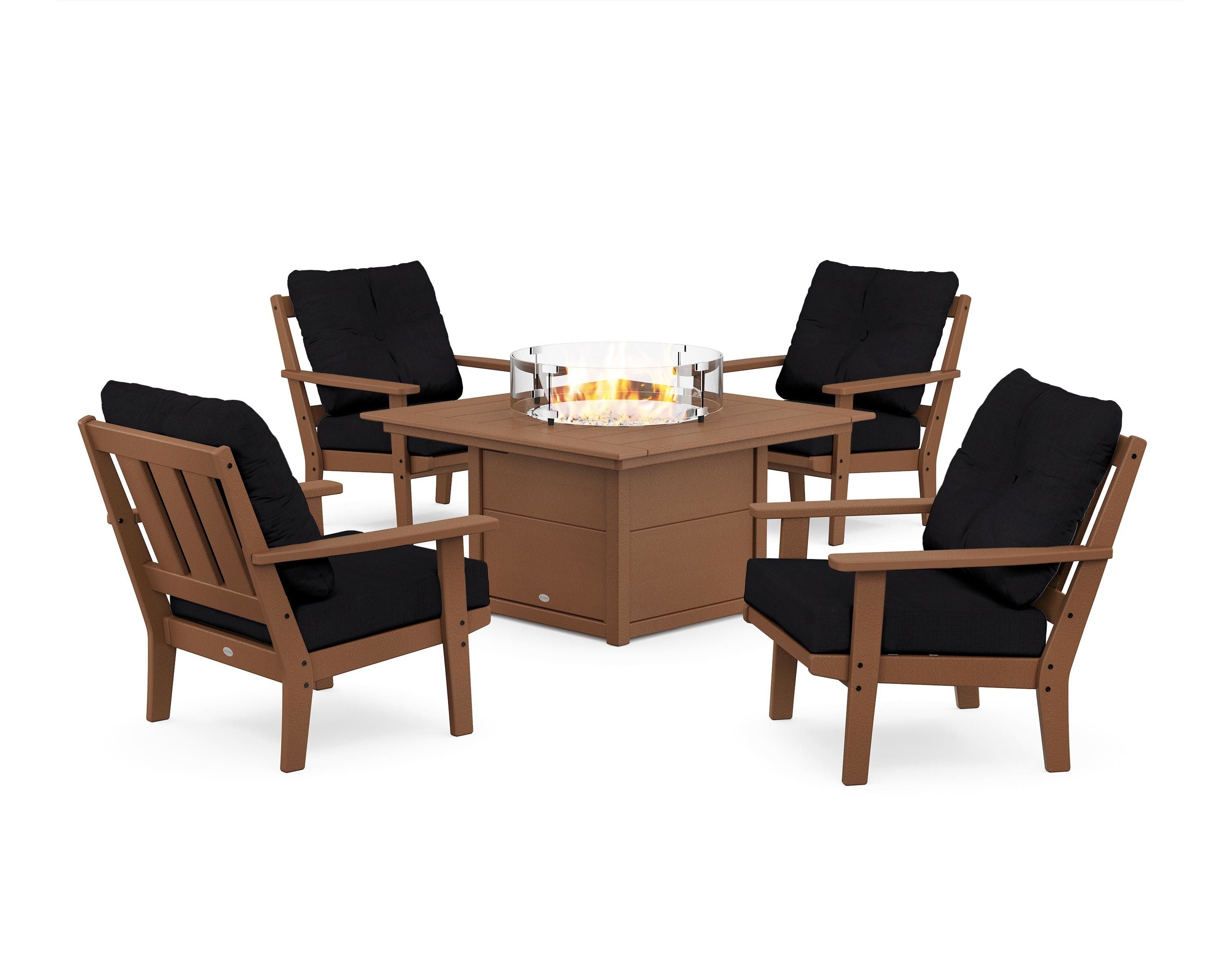 POLYWOOD® Oxford 5-Piece Deep Seating Set with Fire Pit Table in Teak / Midnight Linen