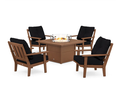 POLYWOOD® Oxford 5-Piece Deep Seating Set with Fire Pit Table in Teak / Midnight Linen