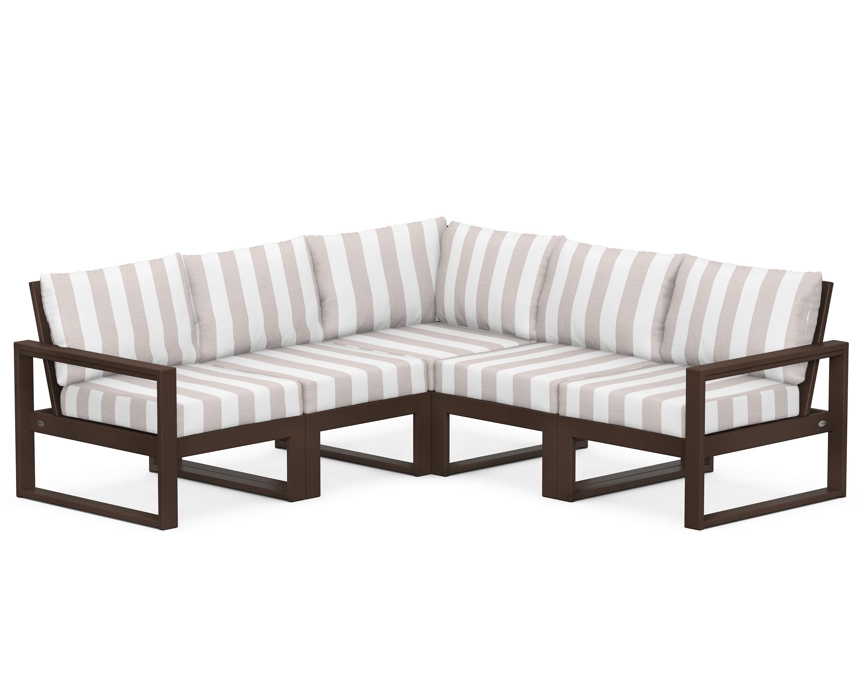 POLYWOOD® EDGE 5-Piece Modular Deep Seating Set in Mahogany / Cabana Stripe Dune Burlap