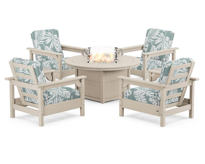 POLYWOOD® Club 5-Piece Conversation Set with Fire Pit Table in Sand / Leaf Glacier Spa