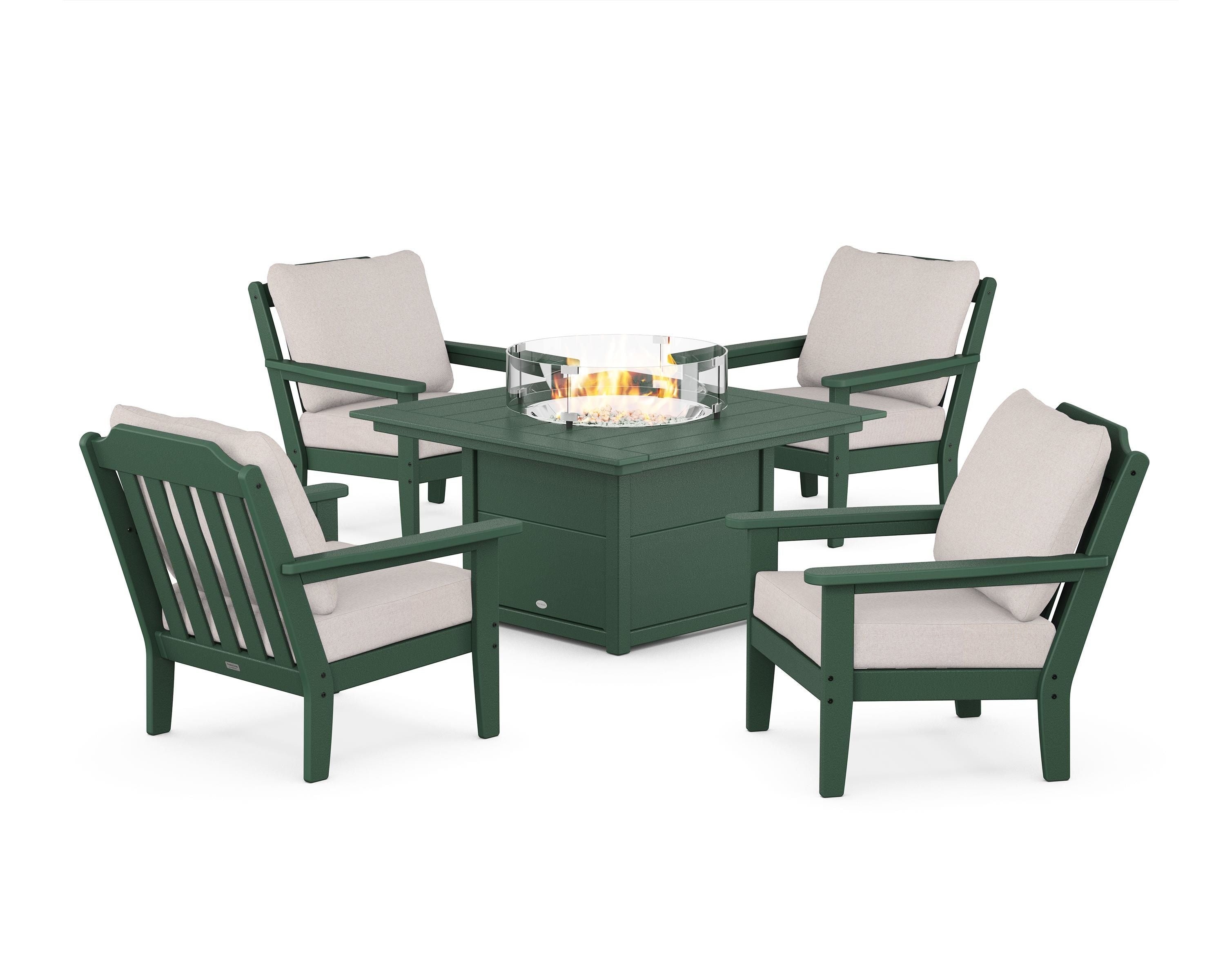 Country Living Cottage 5-Piece Deep Seating Set with Fire Pit Table in Green / Dune Burlap