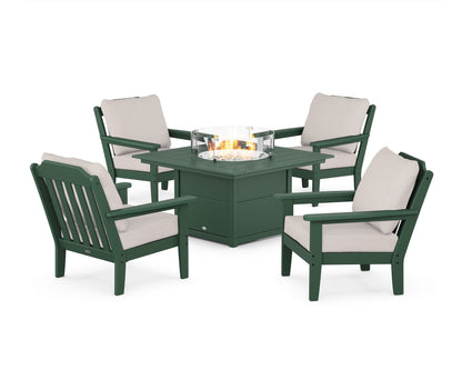Country Living Cottage 5-Piece Deep Seating Set with Fire Pit Table in Green / Dune Burlap