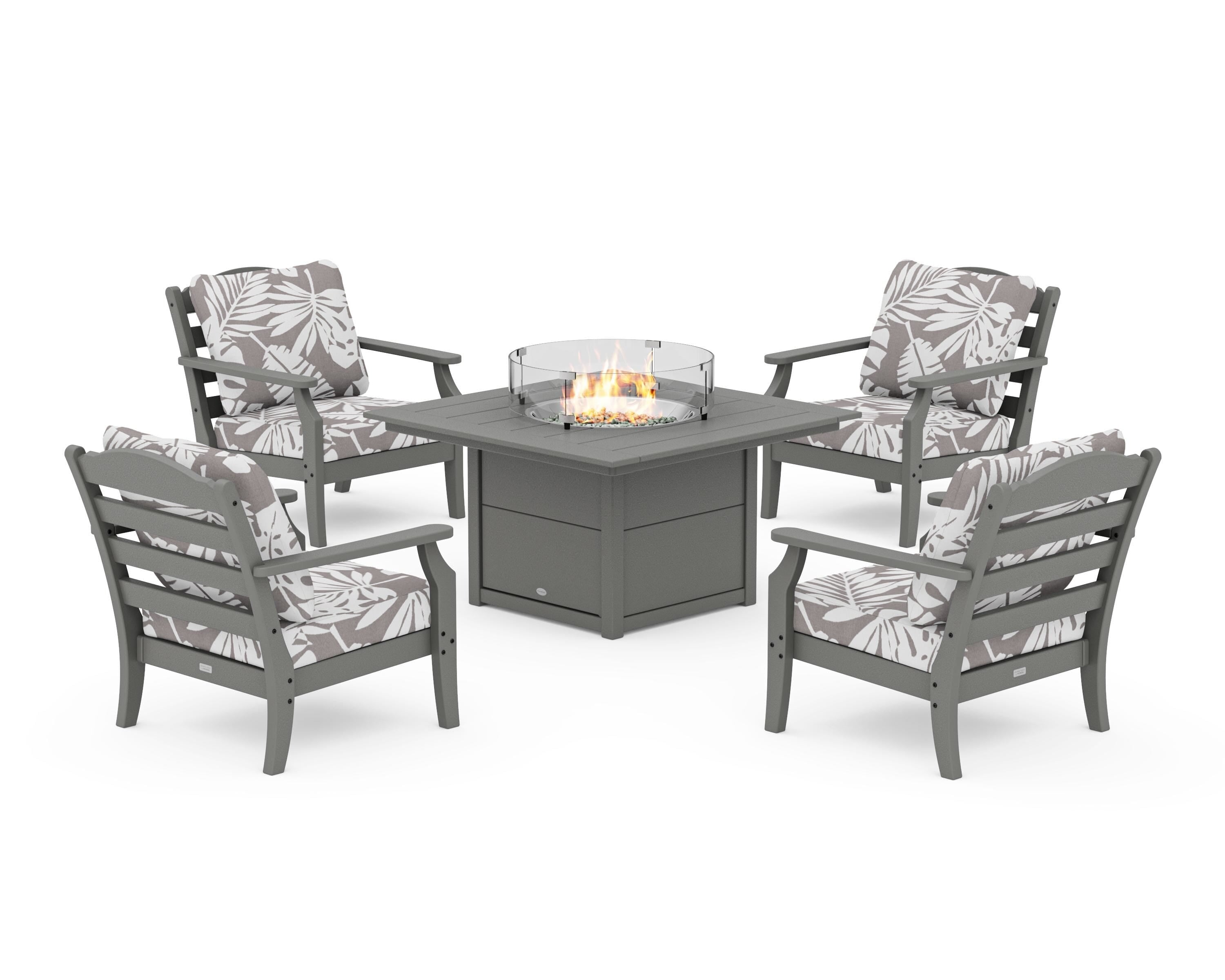 Draper James™ by  POLYWOOD® Savannah 5-Piece Deep Seating Set with Fire Pit Table in Slate Grey / Leaf Grey Mist