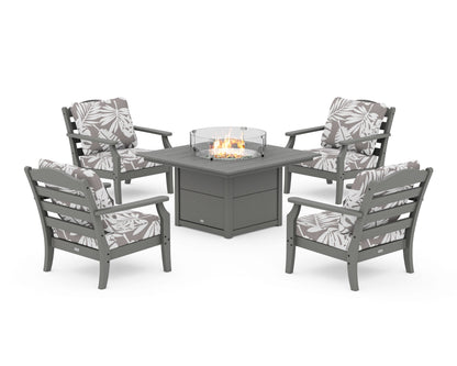 Draper James™ by  POLYWOOD® Savannah 5-Piece Deep Seating Set with Fire Pit Table in Slate Grey / Leaf Grey Mist