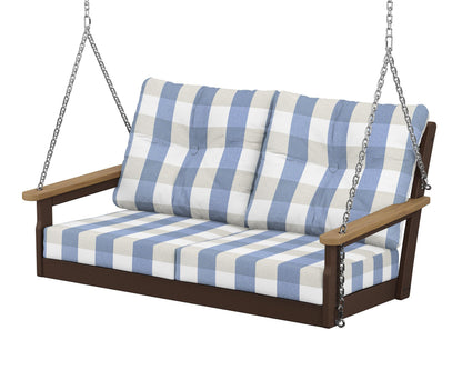 POLYWOOD® Vineyard Deep Seating Swing in Mahogany / Natural / Buffalo Plaid Sky Blue