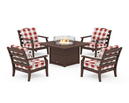 Draper James™ by  POLYWOOD® Savannah 5-Piece Deep Seating Set with Fire Pit Table in Mahogany / Buffalo Plaid Crimson